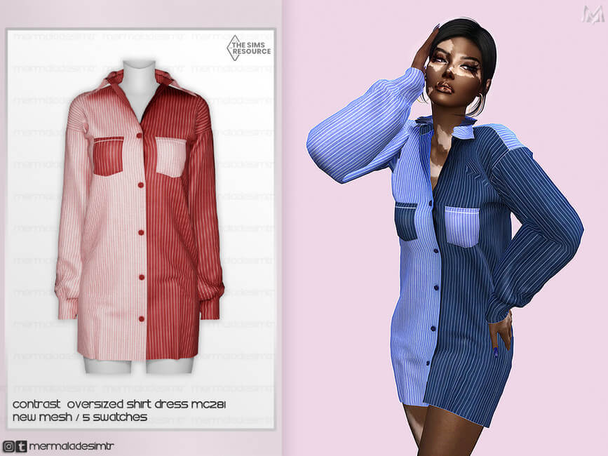 Sims 4 Contrast Oversized Shirt Dress MC281 | The Sims Book