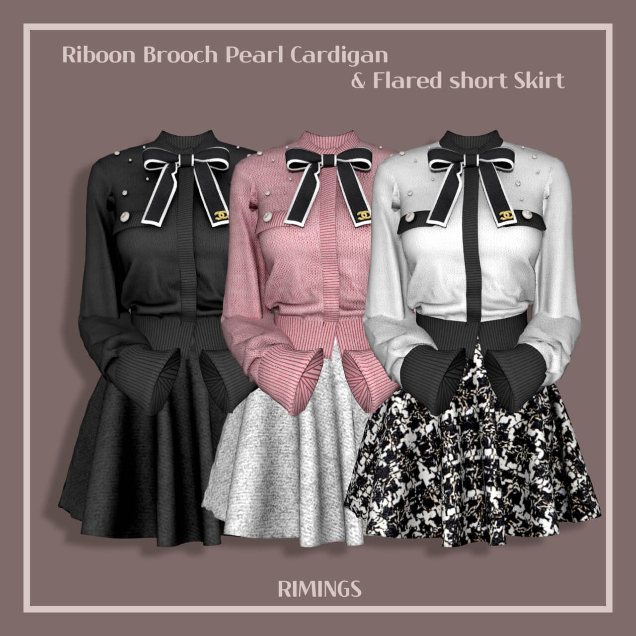 Riboon Brooch Pearl Cardigan Flared short Skirt | The Sims Book