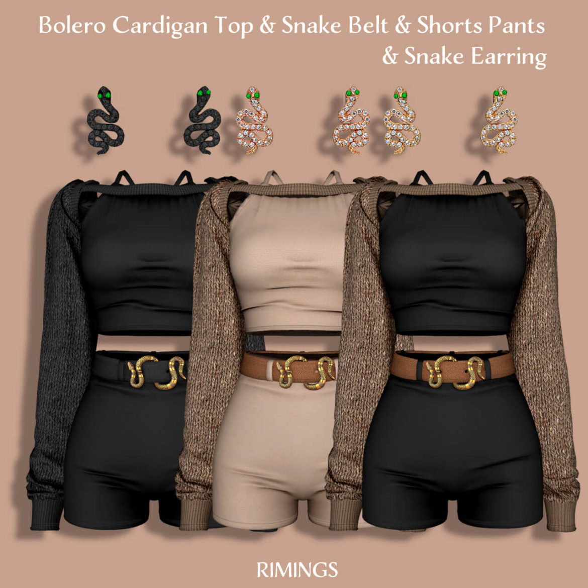 The Sims 4 Bolero Cardigan Top & Snake Belt & Earrings at RIMINGs
